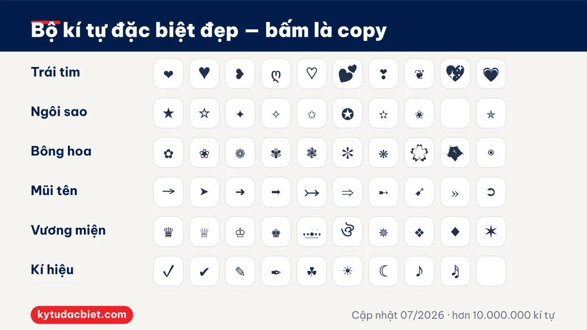 Bảng bộ kí tự đặc biệt đẹp: trái tim, ngôi sao, bông hoa, mũi tên