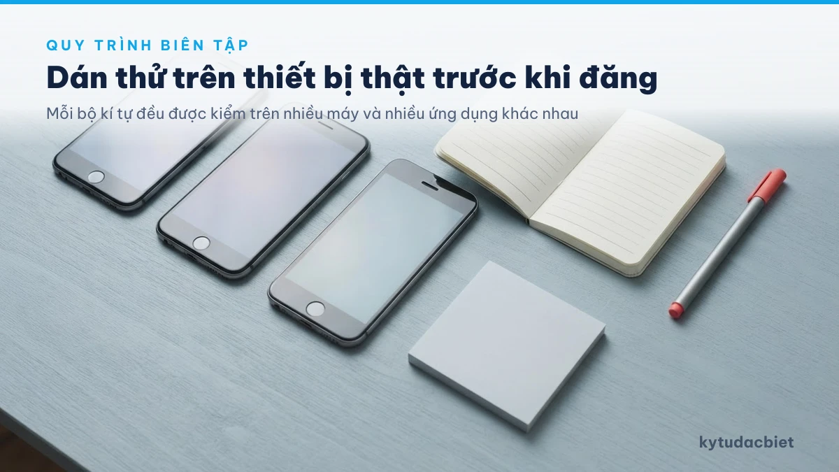 Quy trình kiểm chứng kí tự đặc biệt trên thiết bị thật trước khi đăng