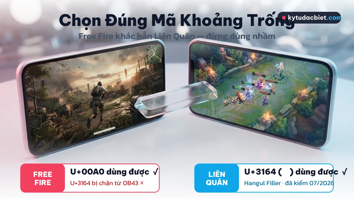 So sánh mã kí tự khoảng trống đúng cho Free Fire và Liên Quân