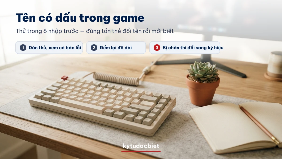 Đặt tên game có dấu tiếng Việt Ba bước thử tên có dấu tiếng Việt trong ô đổi tên game trước khi tốn thẻ